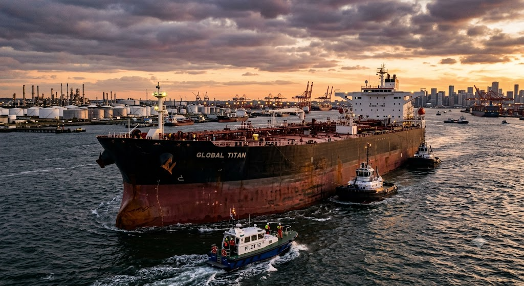 Large crude oil tanker being guided by smaller harbor vessels