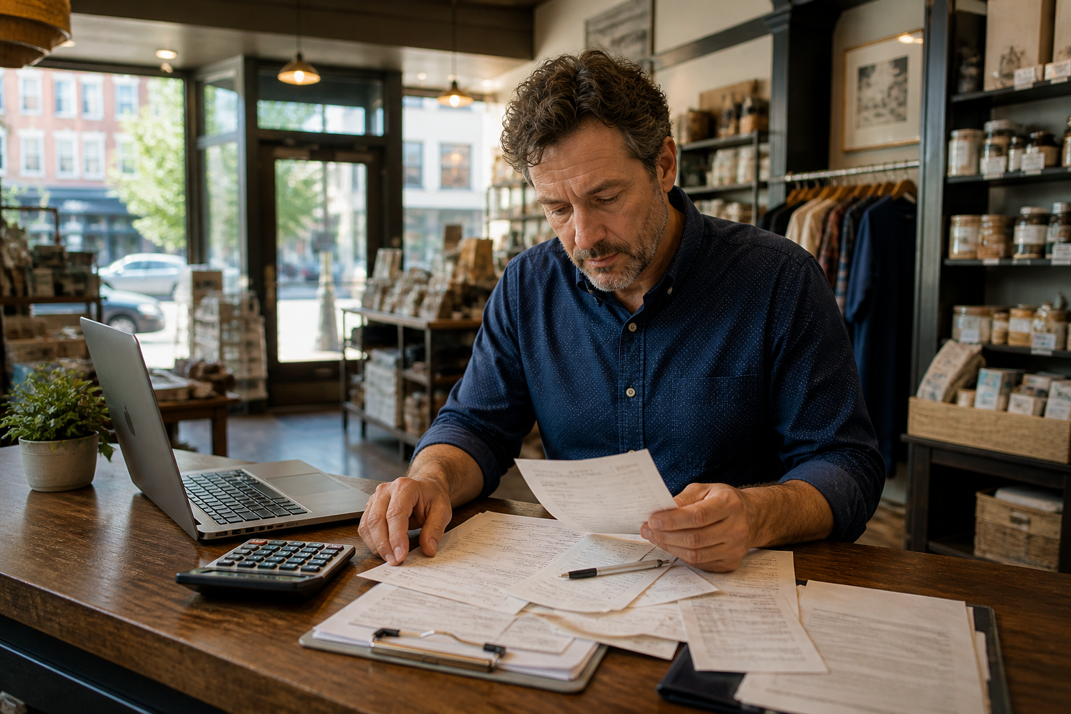 A small business owner reviewing sales receipts and tax paperwork