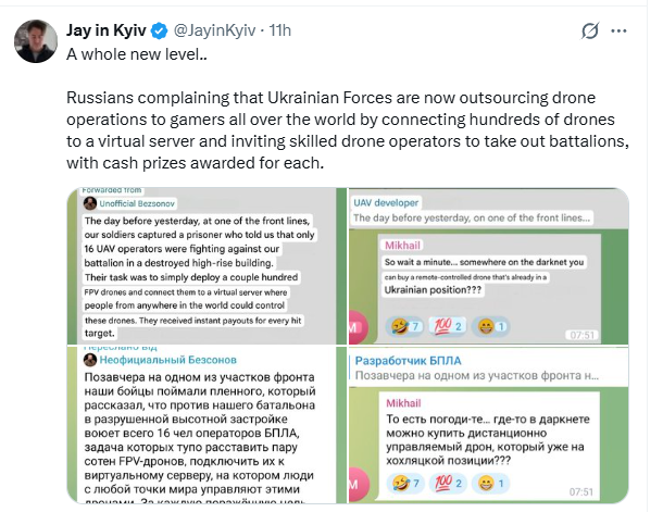 Screenshot of X post discussing a Russian claim about gamers controlling Ukrainian drones
