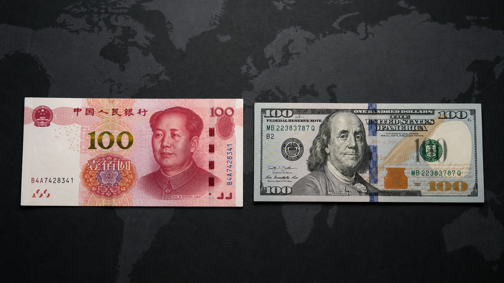 Chinese yuan banknote beside a U.S. dollar bill on a financial map background